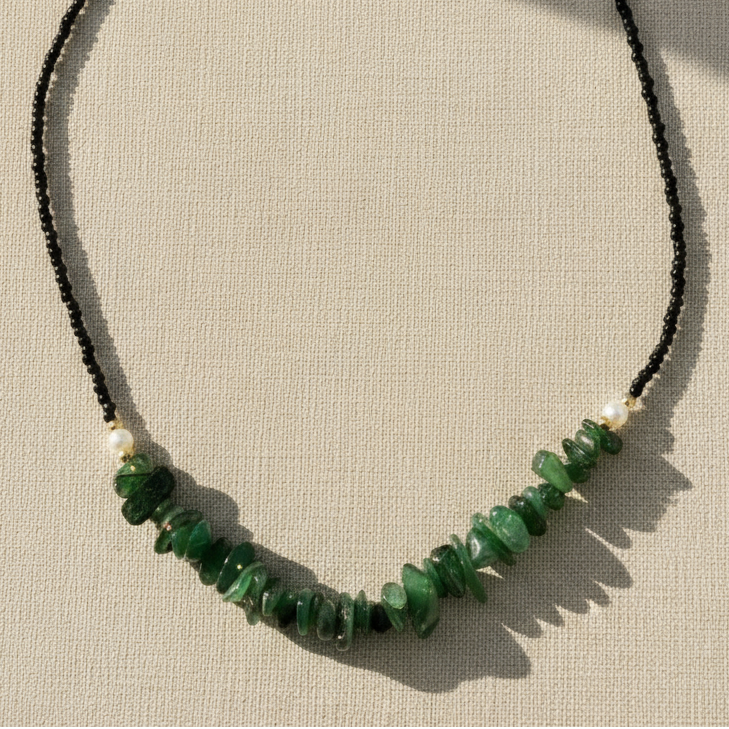 Tourmaline green agate crystal chip necklace with gold fixings.