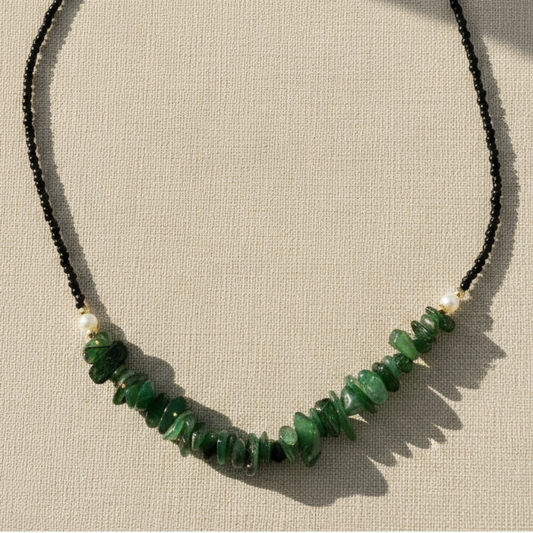 Tourmaline green agate crystal chip necklace with gold fixings.
