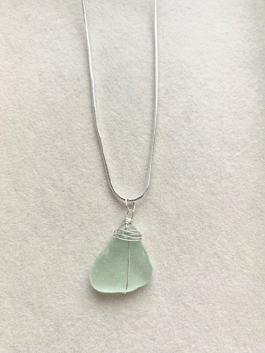 Aqua sea glass pendant with sterling silver wire wrap and necklace
